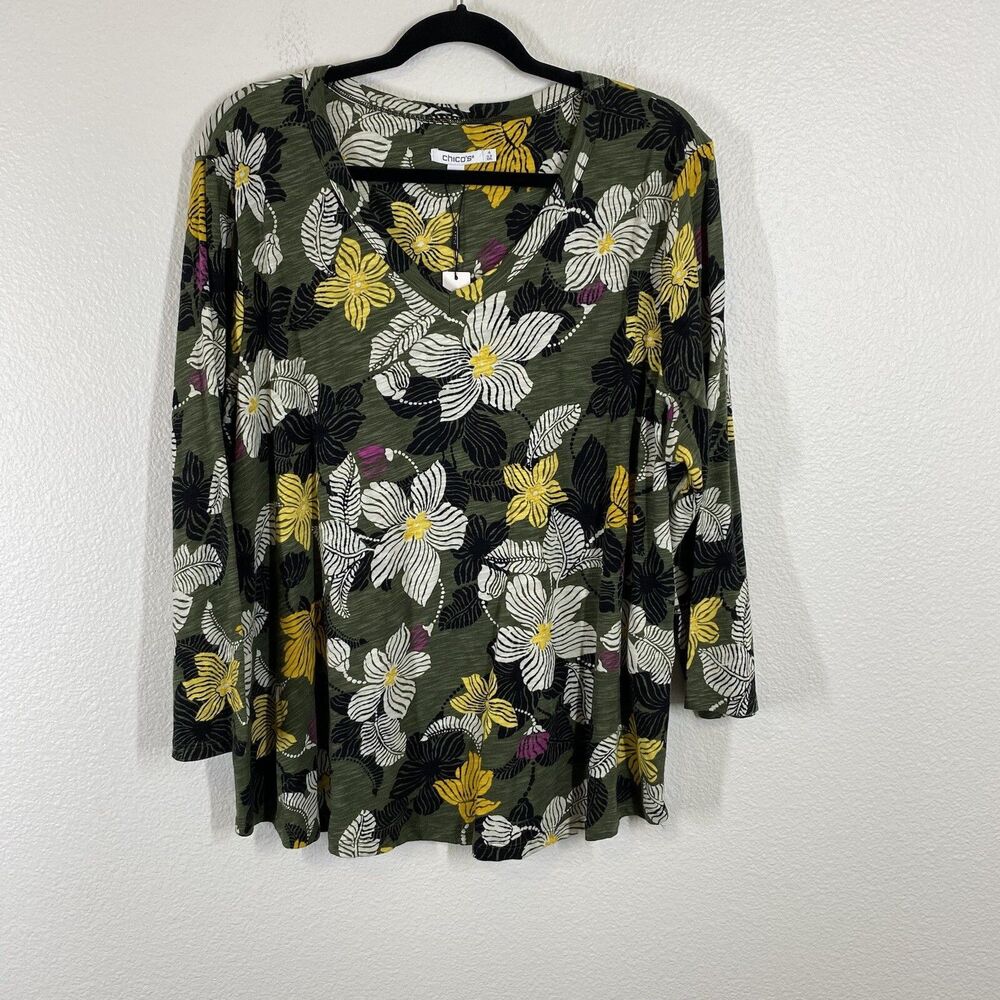 Chico’s Green Floral Blouse 3/4 Sleeve Top Size 4 2XL Slub Cotton V Neck Basic